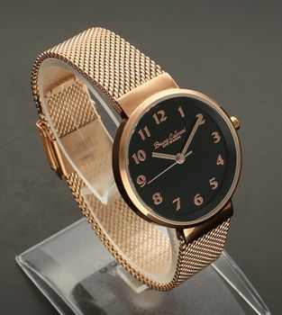 Zegarek damski różowe złoto Bruno Calvani BC9454 ROSE GOLD. Tarcza zegarka okrągła w kolorze czarnym z wyraźnymi indeksami koloru różowego złota, wskazówki w kolorze różówego złota. Dodatkowym atutem zegarka jest wyraźne log (3).jpg